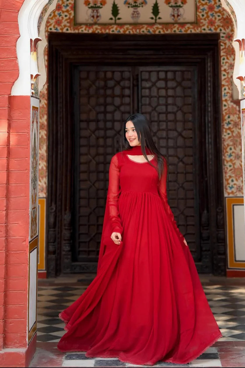 Red Flora Shfoon – Luxury Chiffon Dress with Dupatta