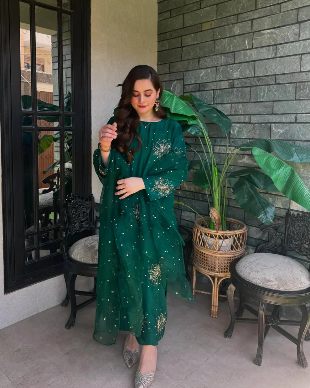 CF GREEN DIAMOND TUSSLE Silk 3-Piece Ladies Suit – Hand-Embellished Shirt,  & Handmade Organza Dupatta