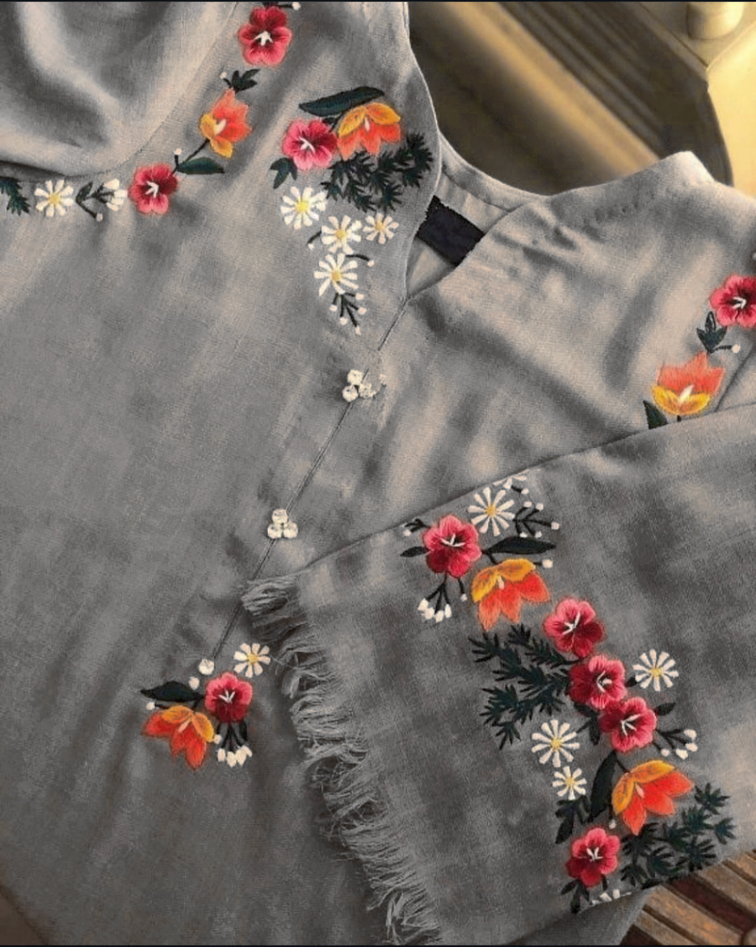 Charcoal Grey Pashmina Wool Kurta Cord Set – Embroidered Winter Outfit for Women ChoiceFabrics