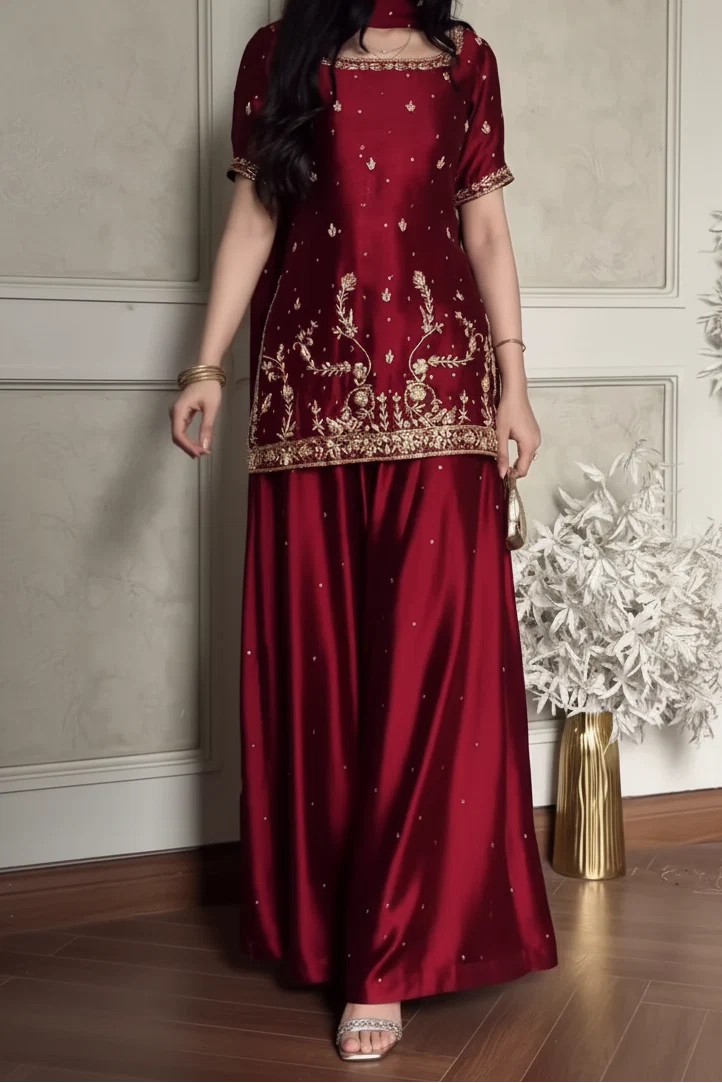 GLOSSY SHRARA SET - Hand Embellished 3pc  shiffon dupta