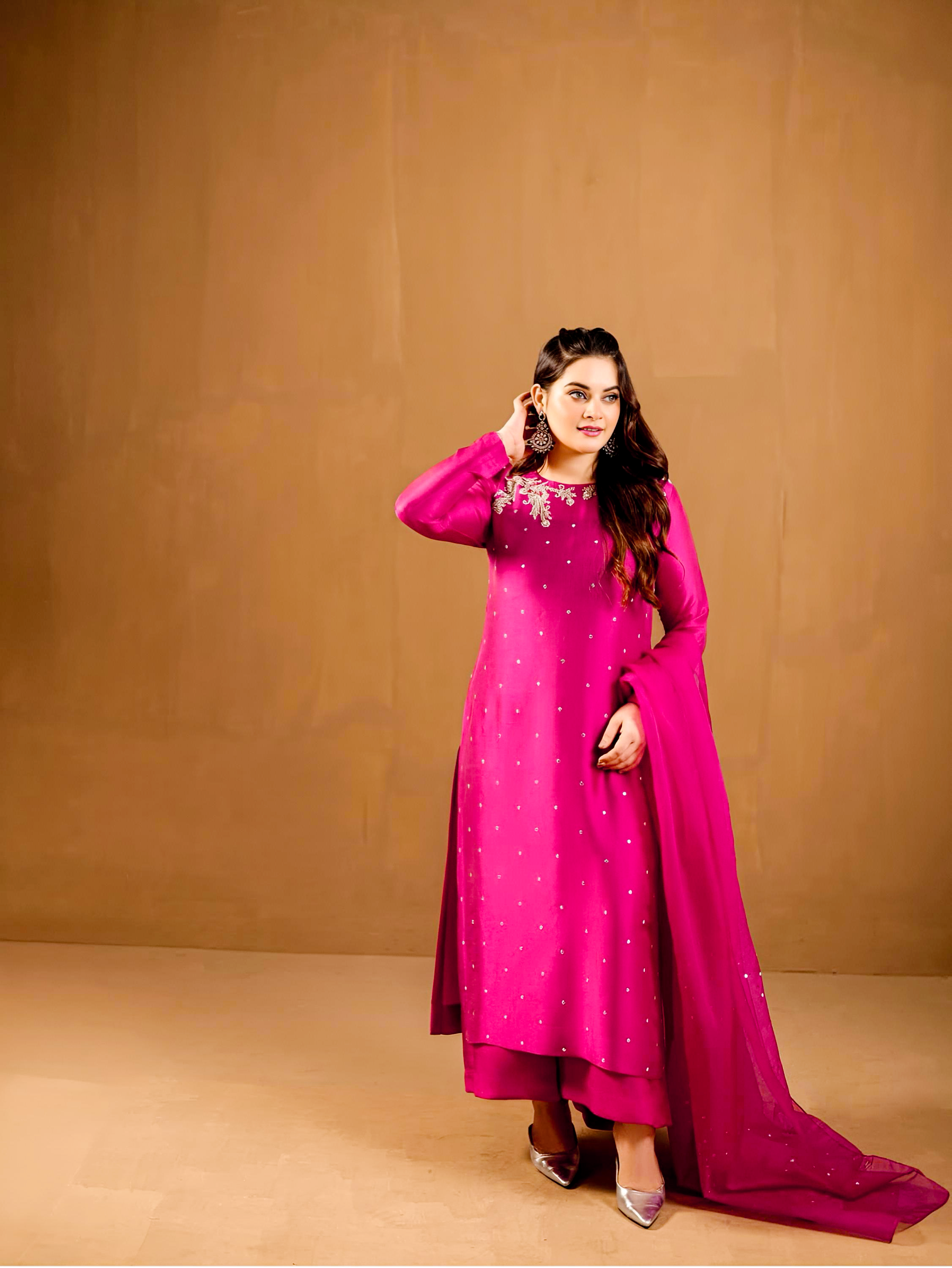 MEHROO Russian Silk 3-Piece Ladies Suit – Hand-Embellished Shirt,  & Handmade Organza Dupatta