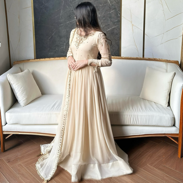 BEIGE BLOOM-Hand-Embellished Shifoon Anarkali Maxi with Dmbellished Dupta
