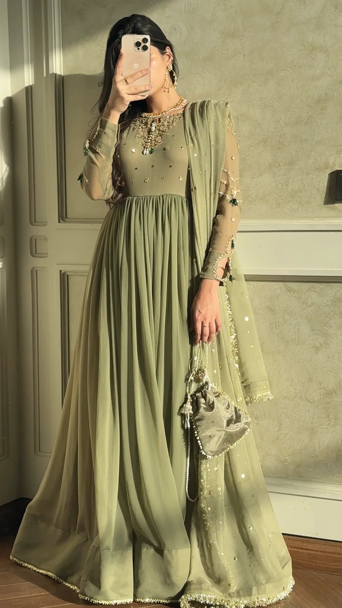 OLIVE BLOOM-Hand-Embellished Shifoon 3pc maxi with trouser
