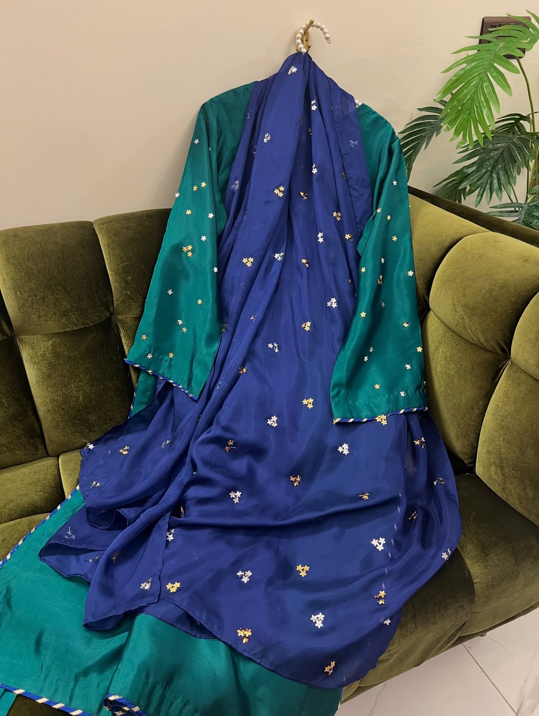 Green Petals Silk 3-Piece Ladies Suit – Hand-Embellished Shirt,  & Handmade silk Dupatta