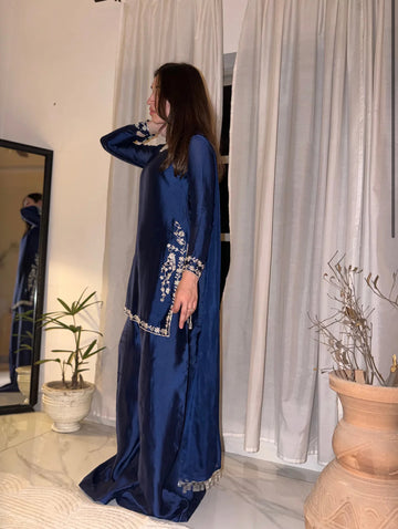INDIGO PURE TUSSLE SILK 3PICE SHRARA DRESS & MEDIUM SILK NECKLES DUPTA