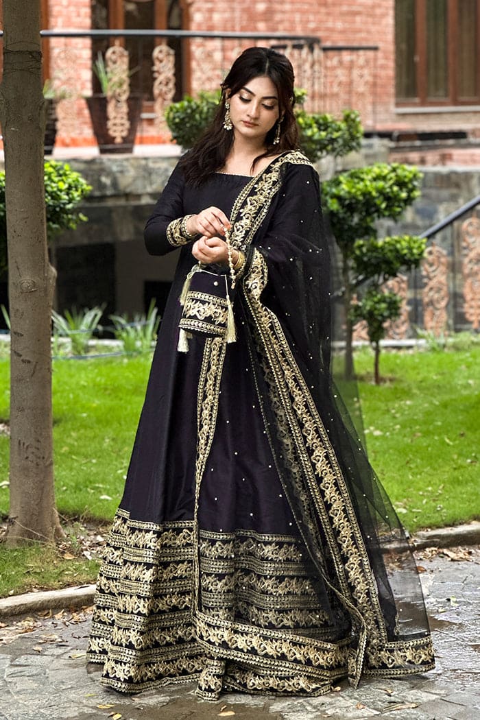 Luxury Black & Gold Embroidered Silk Kataan Suit |Maxi – Stitched 3 Piece Maxi Dress for Women - ChoiceFabrics