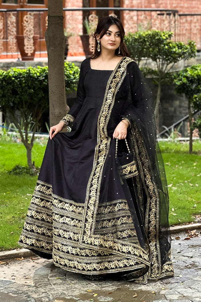 Luxury Black & Gold Embroidered Silk Kataan Suit |Maxi – Stitched 3 Piece Maxi Dress for Women ChoiceFabrics