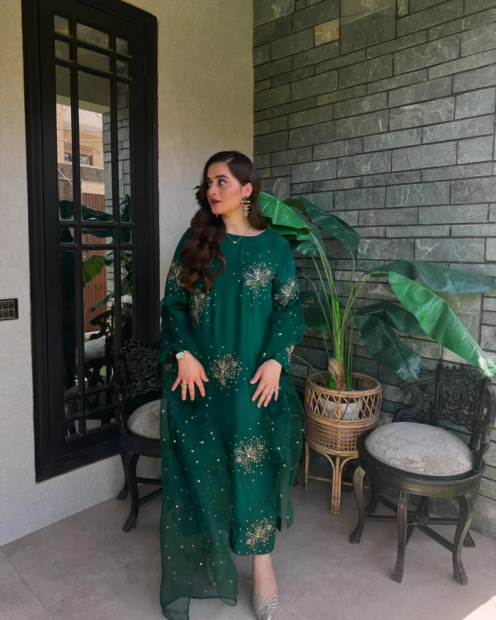 CF GREEN DIAMOND TUSSLE Silk 3-Piece Ladies Suit – Hand-Embellished Shirt,  & Handmade Organza Dupatta