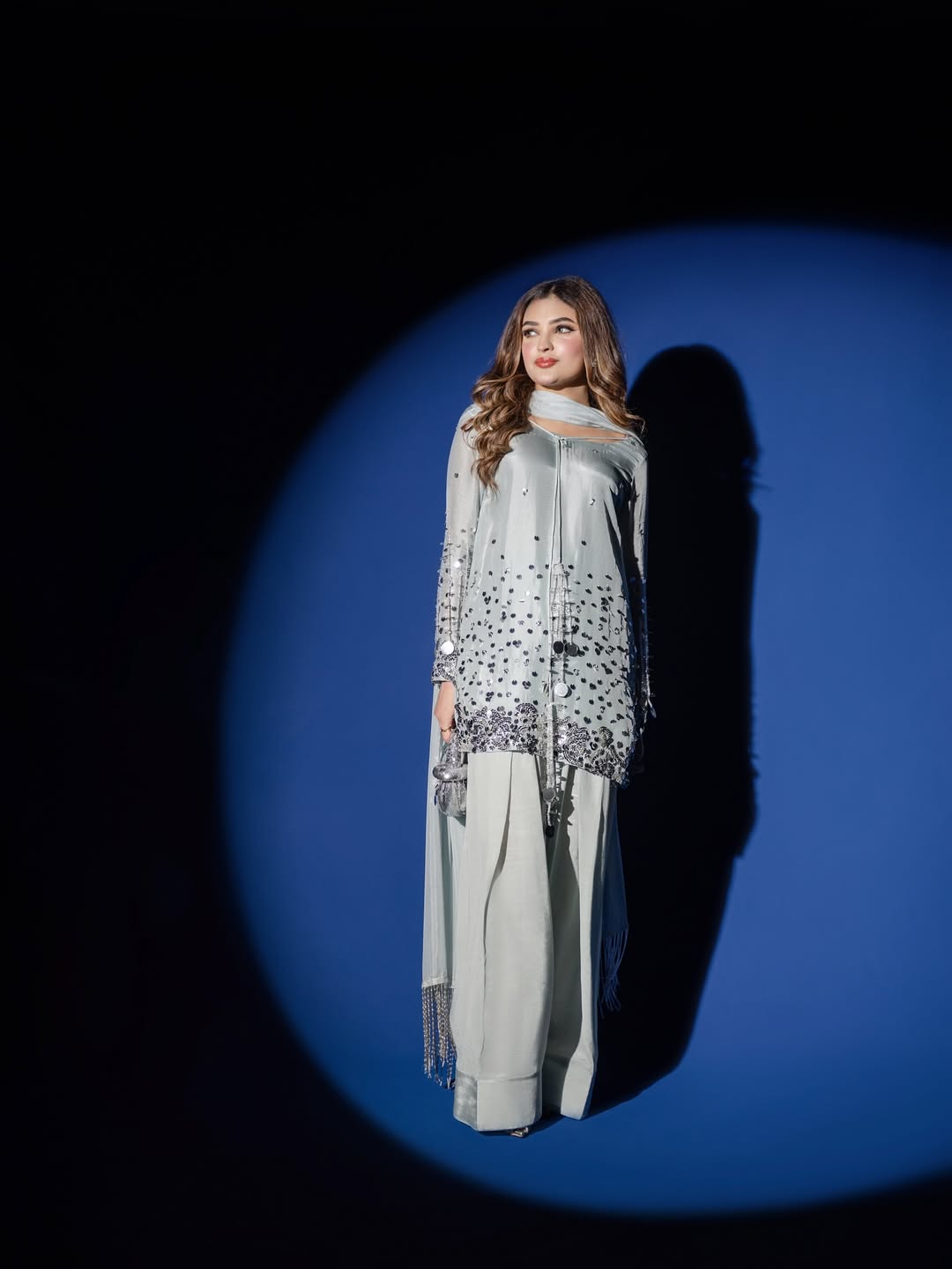 Silver Most Pure Tussle Silk 3-Piece Ladies Suit – Hand-Embellished Shirt, Farshi Shalwar & Handmade Silk Dupatta ChoiceFabrics