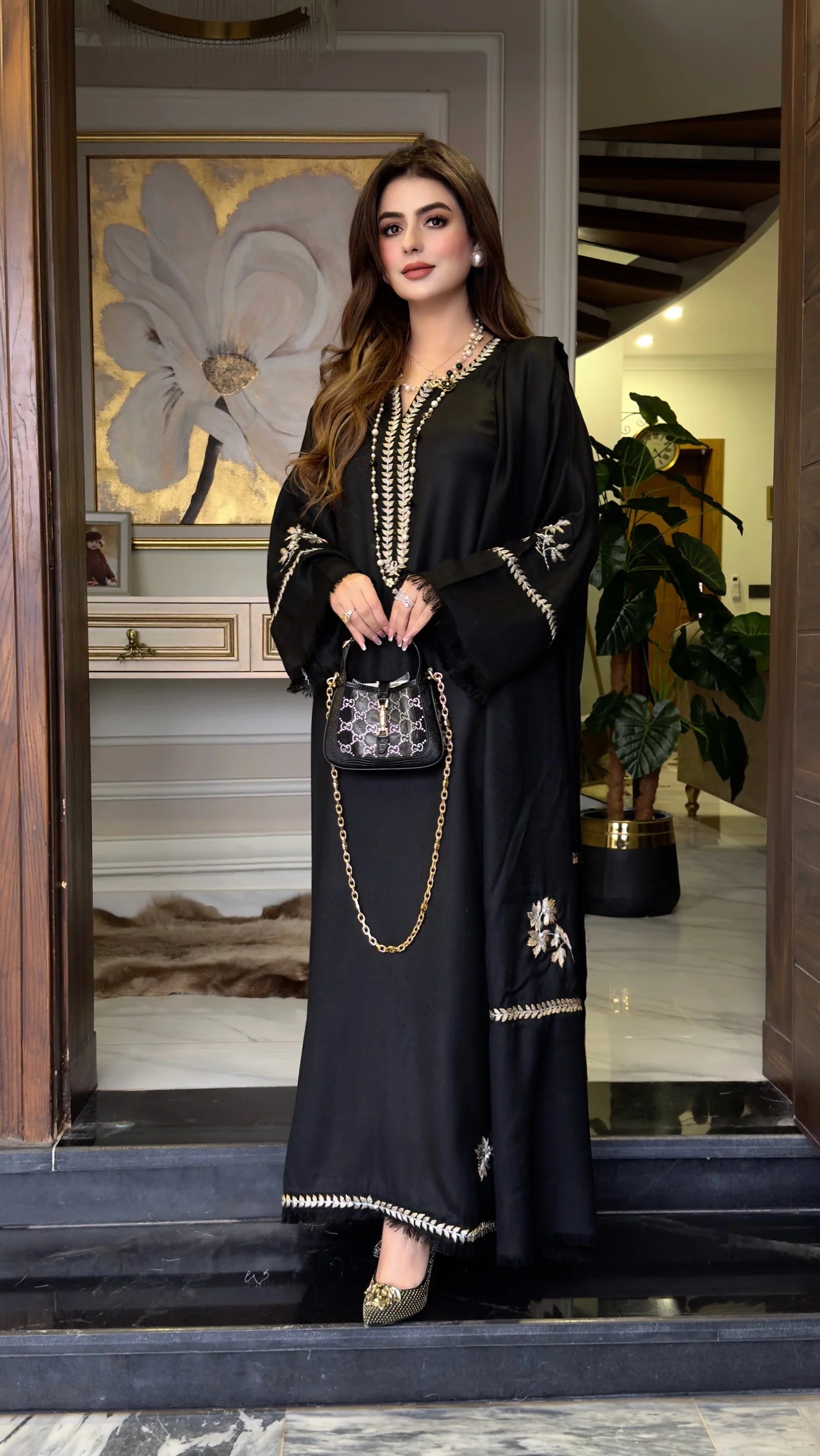 Black Embroidered Zari Kaftan with Straight Pant – Marina Fabric | Zari Neck & Sleeve Work-CFK-08 ChoiceFabrics