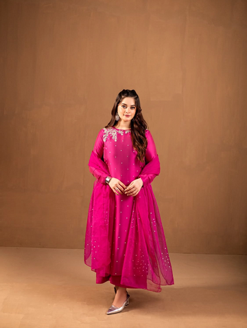 MEHROO Russian Silk 3-Piece Ladies Suit – Hand-Embellished Shirt,  & Handmade Organza Dupatta