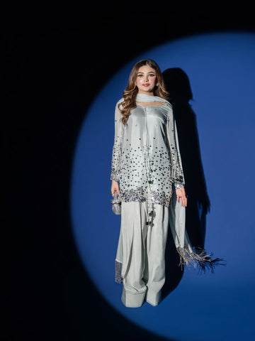 Silver Most Pure Tussle Silk 3-Piece Ladies Suit – Hand-Embellished Shirt, Farshi Shalwar & Handmade Silk Dupatta ChoiceFabrics