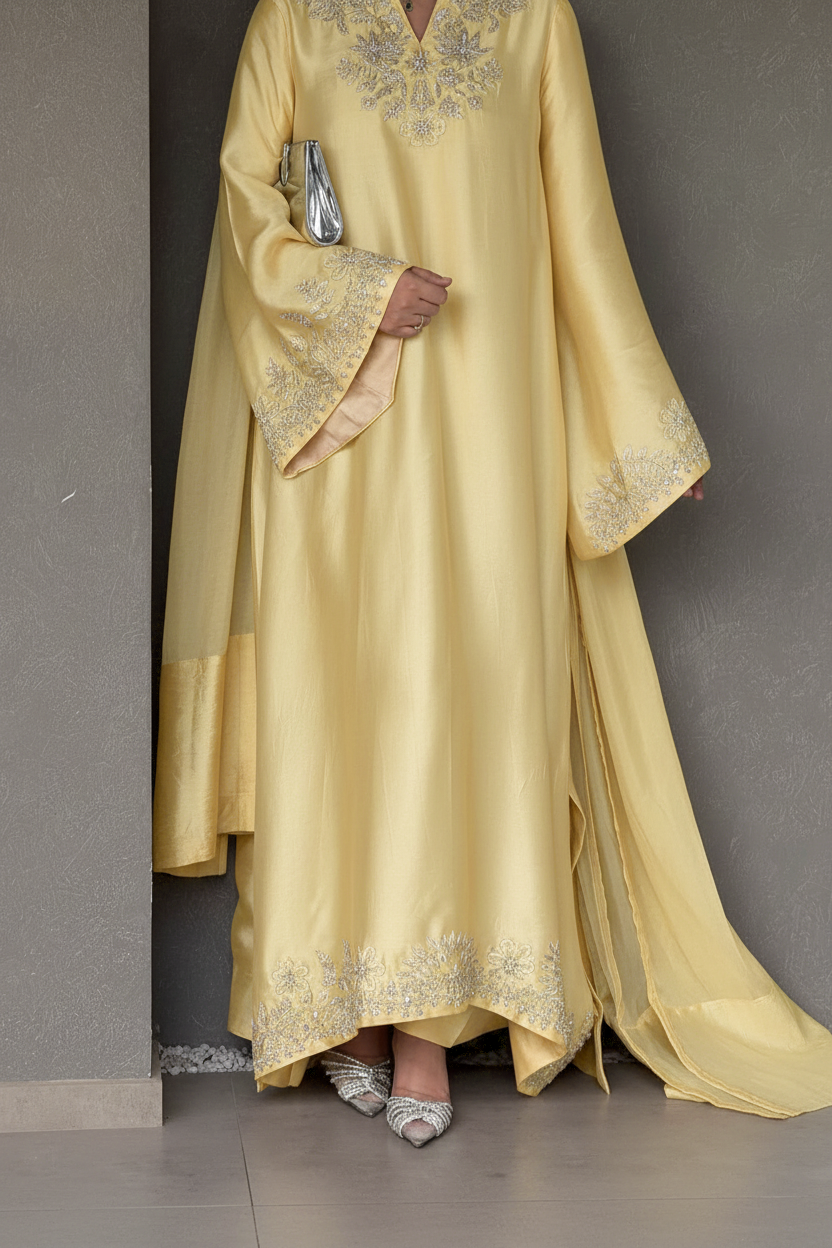 SUNSHINE  KAFTAN- SOFT SILK  3pc  with trouser & Shifoon  Dupta