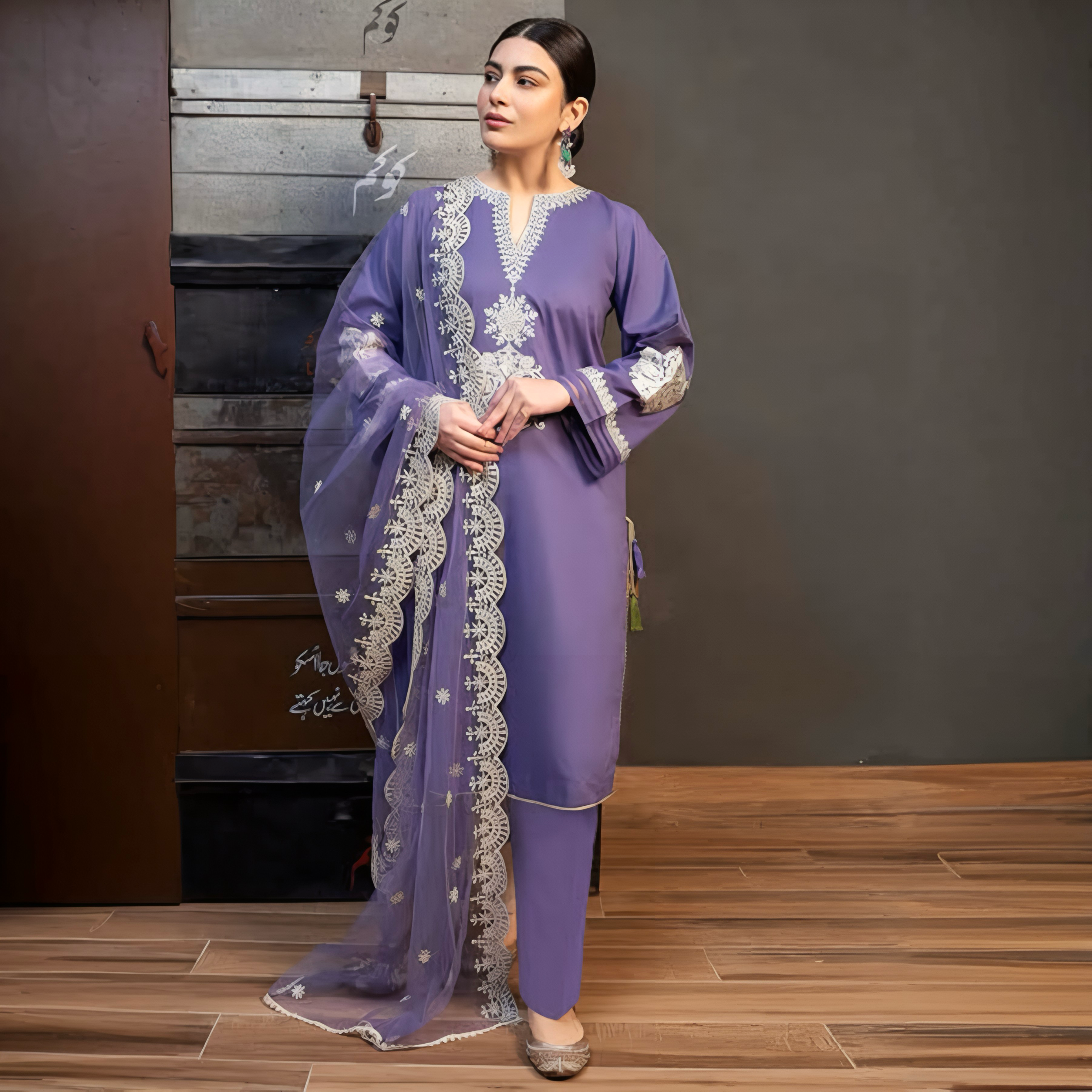 CF-5014 LAVENDER SOFT PREMIUM SOFT KHADR  WINTERS DRESS KHADI NET SHAWL ChoiceFabrics