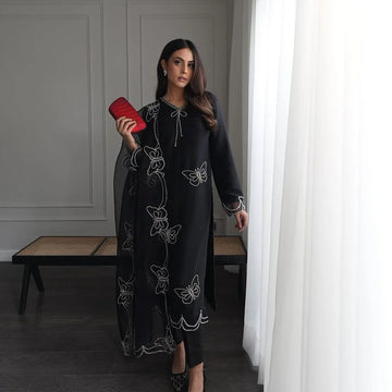 CF BUTTERFLY TUSSLE Silk 3-Piece Ladies Suit – Hand-Embellished Shirt,  & Handmade Organza Dupatta