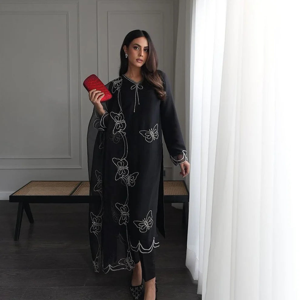 CF BUTTERFLY TUSSLE Silk 3-Piece Ladies Suit – Hand-Embellished Shirt,  & Handmade Organza Dupatta