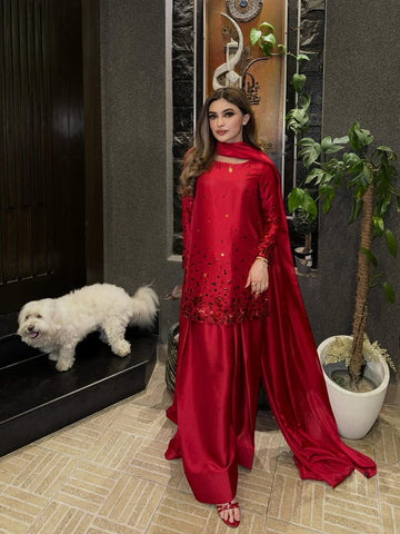 Ruby red pure tussle silk 3-piece suit with farshi shalwar and handmade dupatta for women