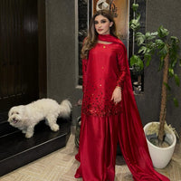 Ruby Red Pure Tussle Silk 3-Piece Ladies Suit – Hand-Embellished Shirt, Farshi Shalwar & Handmade Silk Dupatta