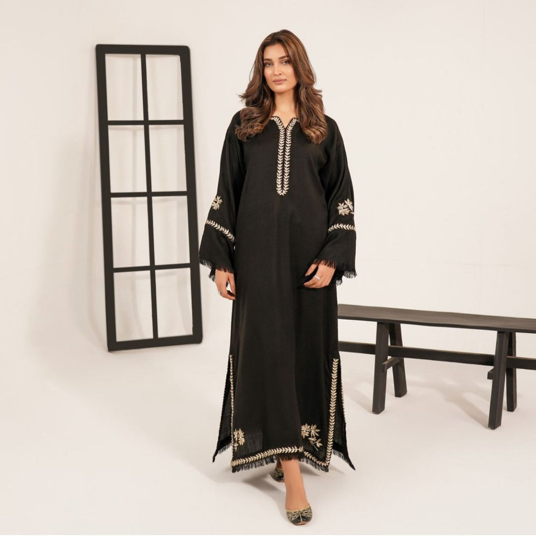 Black Embroidered Zari Kaftan with Straight Pant – Marina Fabric | Zari Neck & Sleeve Work-CFK-08 ChoiceFabrics