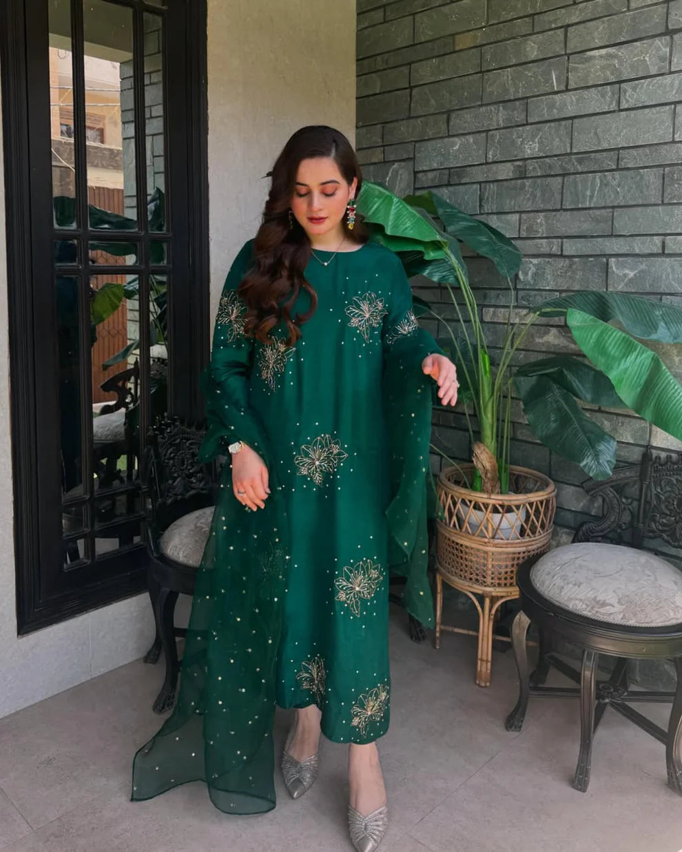 CF GREEN DIAMOND TUSSLE Silk 3-Piece Ladies Suit – Hand-Embellished Shirt,  & Handmade Organza Dupatta