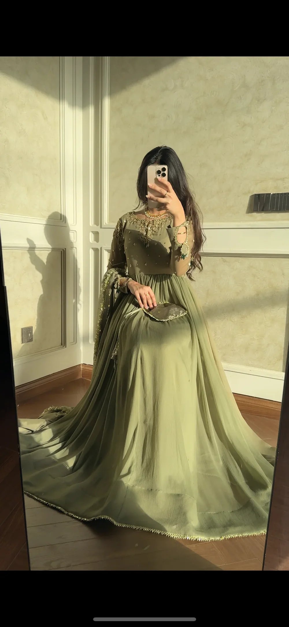 OLIVE BLOOM-Hand-Embellished Shifoon 3pc maxi with trouser