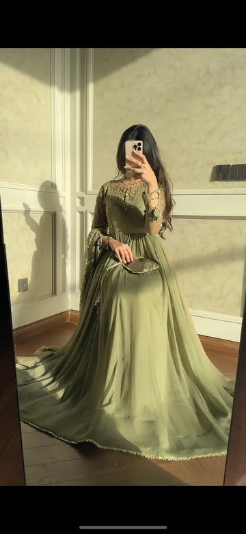 OLIVE BLOOM-Hand-Embellished Shifoon 3pc maxi with trouser