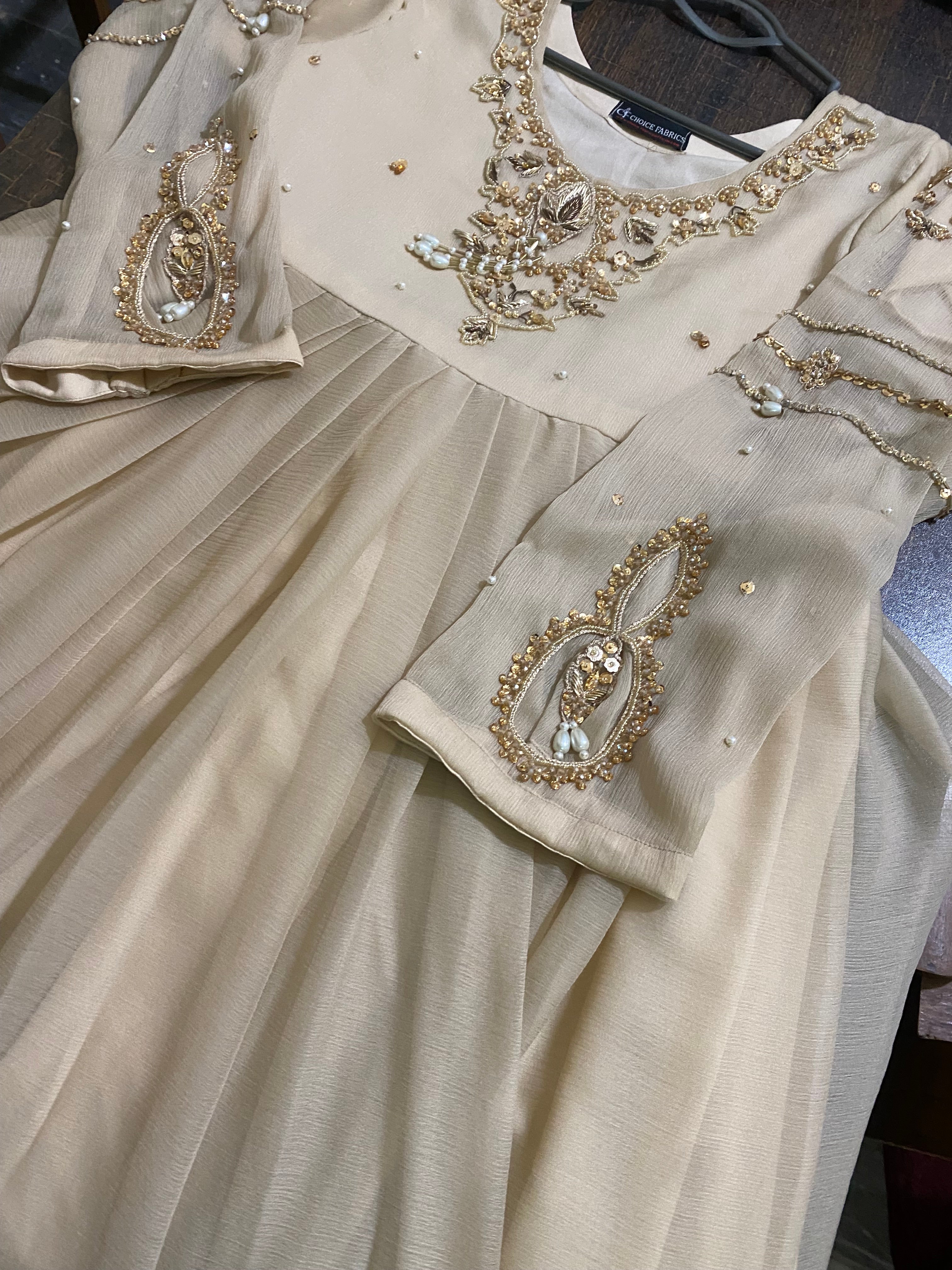 BEIGE BLOOM-Hand-Embellished Shifoon Anarkali Maxi with Dmbellished Dupta