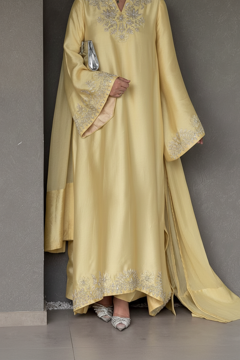 SUNSHINE  KAFTAN- SOFT SILK  3pc  with trouser & Shifoon  Dupta
