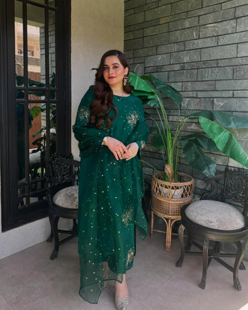 CF GREEN DIAMOND TUSSLE Silk 3-Piece Ladies Suit – Hand-Embellished Shirt,  & Handmade Organza Dupatta