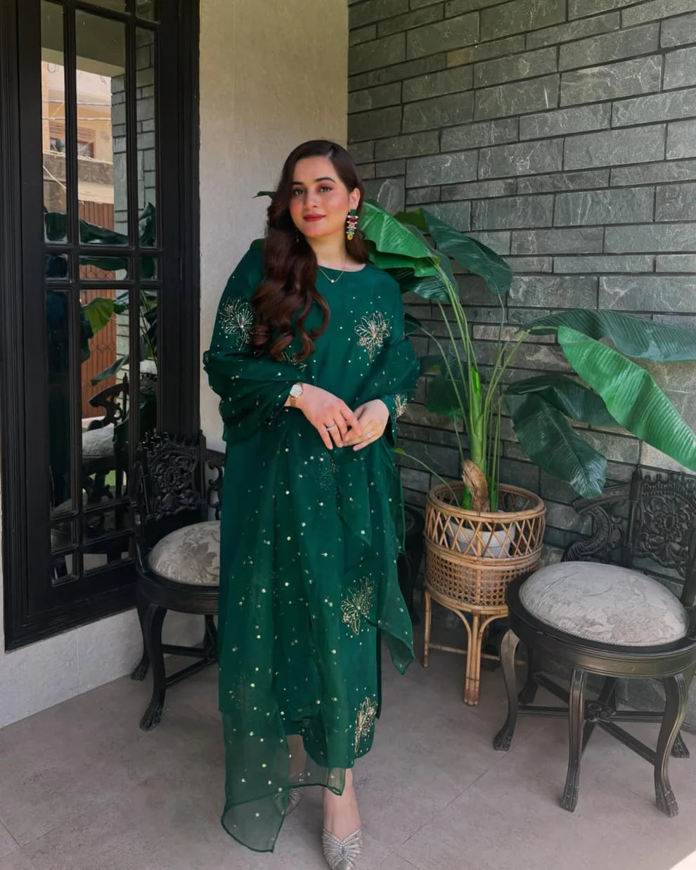 CF GREEN DIAMOND TUSSLE Silk 3-Piece Ladies Suit – Hand-Embellished Shirt,  & Handmade Organza Dupatta