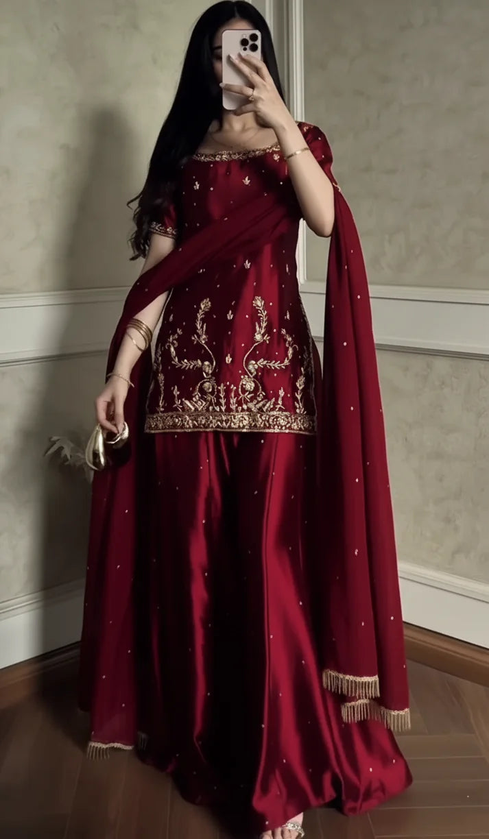 GLOSSY SHRARA SET - Hand Embellished 3pc  shiffon dupta
