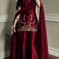 GLOSSY SHRARA SET - Hand Embellished 3pc  shiffon dupta