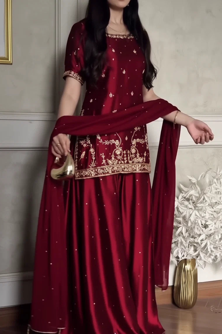 GLOSSY SHRARA SET - Hand Embellished 3pc  shiffon dupta