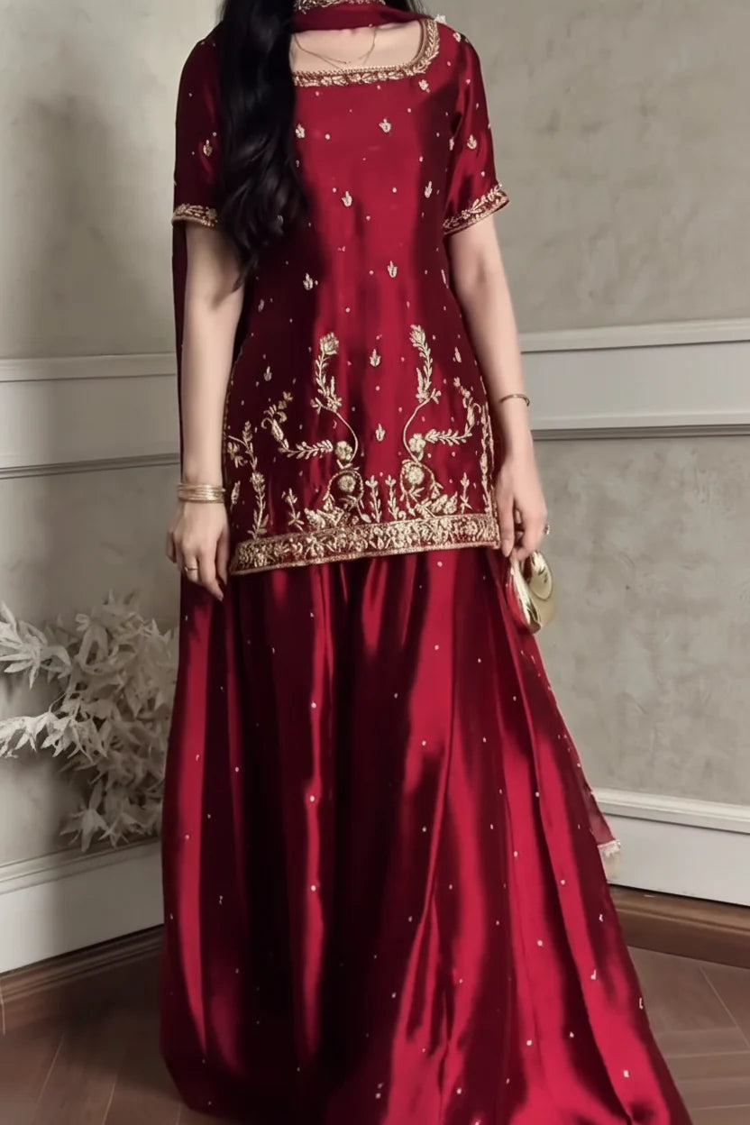 GLOSSY SHRARA SET - Hand Embellished 3pc  shiffon dupta