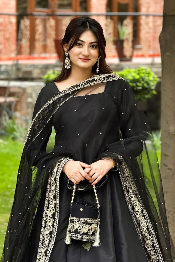 Luxury Black & Gold Embroidered Silk Kataan Suit |Maxi – Stitched 3 Piece Maxi Dress for Women - ChoiceFabrics