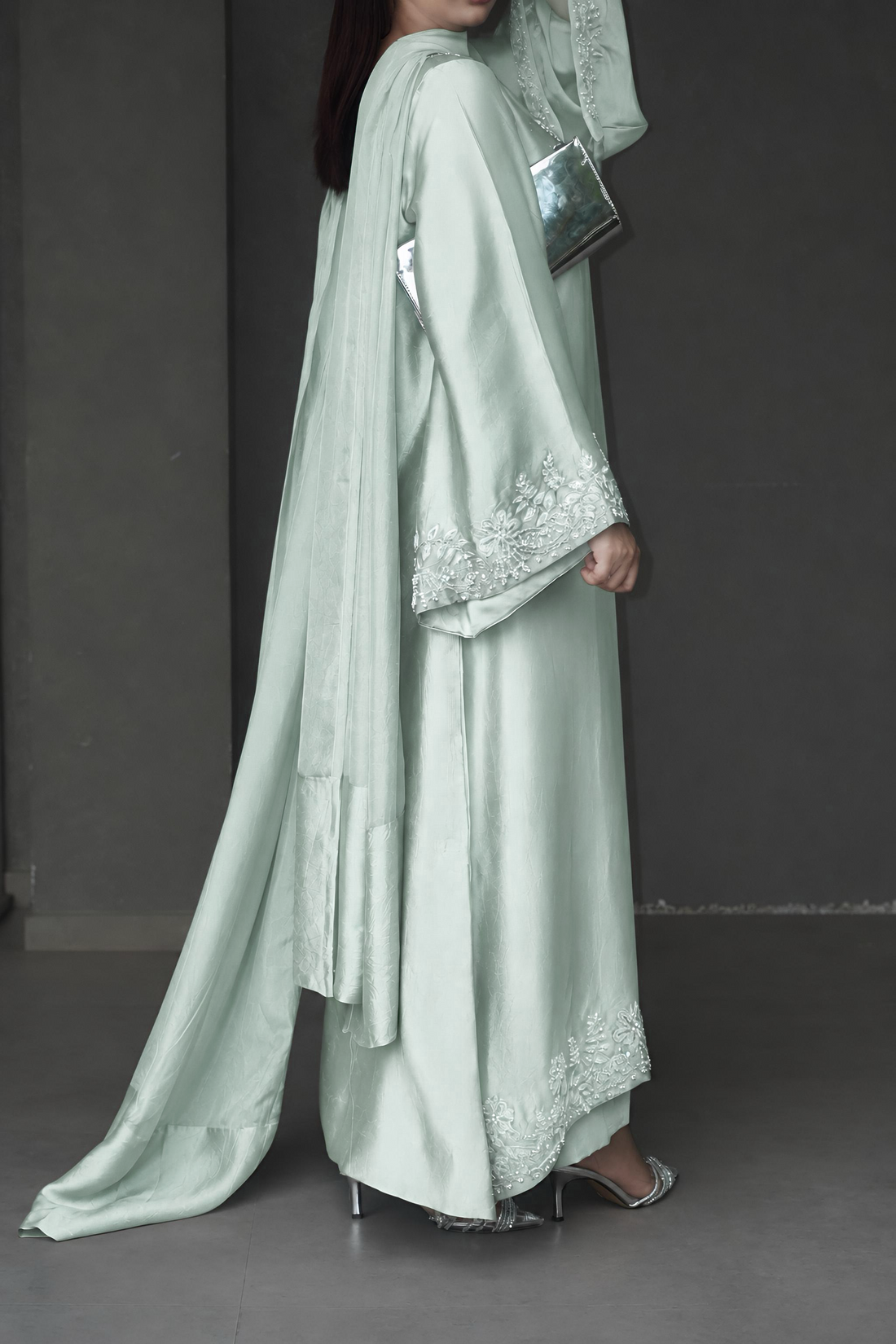 AQUA GREEN KAFTAN- Hand Embellished 3pc  with trouser Soft Silk Fabric for luxuries Looks