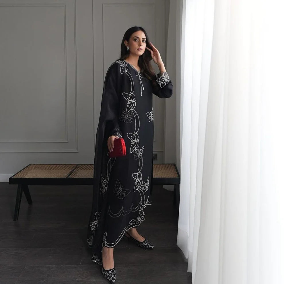 CF BUTTERFLY TUSSLE Silk 3-Piece Ladies Suit – Hand-Embellished Shirt,  & Handmade Organza Dupatta