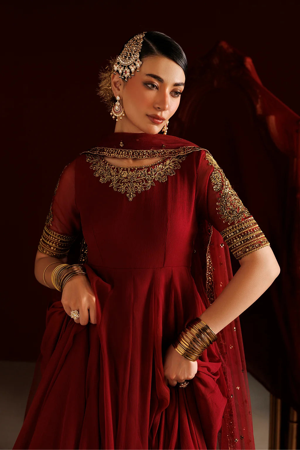 ROSE BLOOM-Embellished Shifoon 3pc maxi with trouser & Net 3 yards Dupta