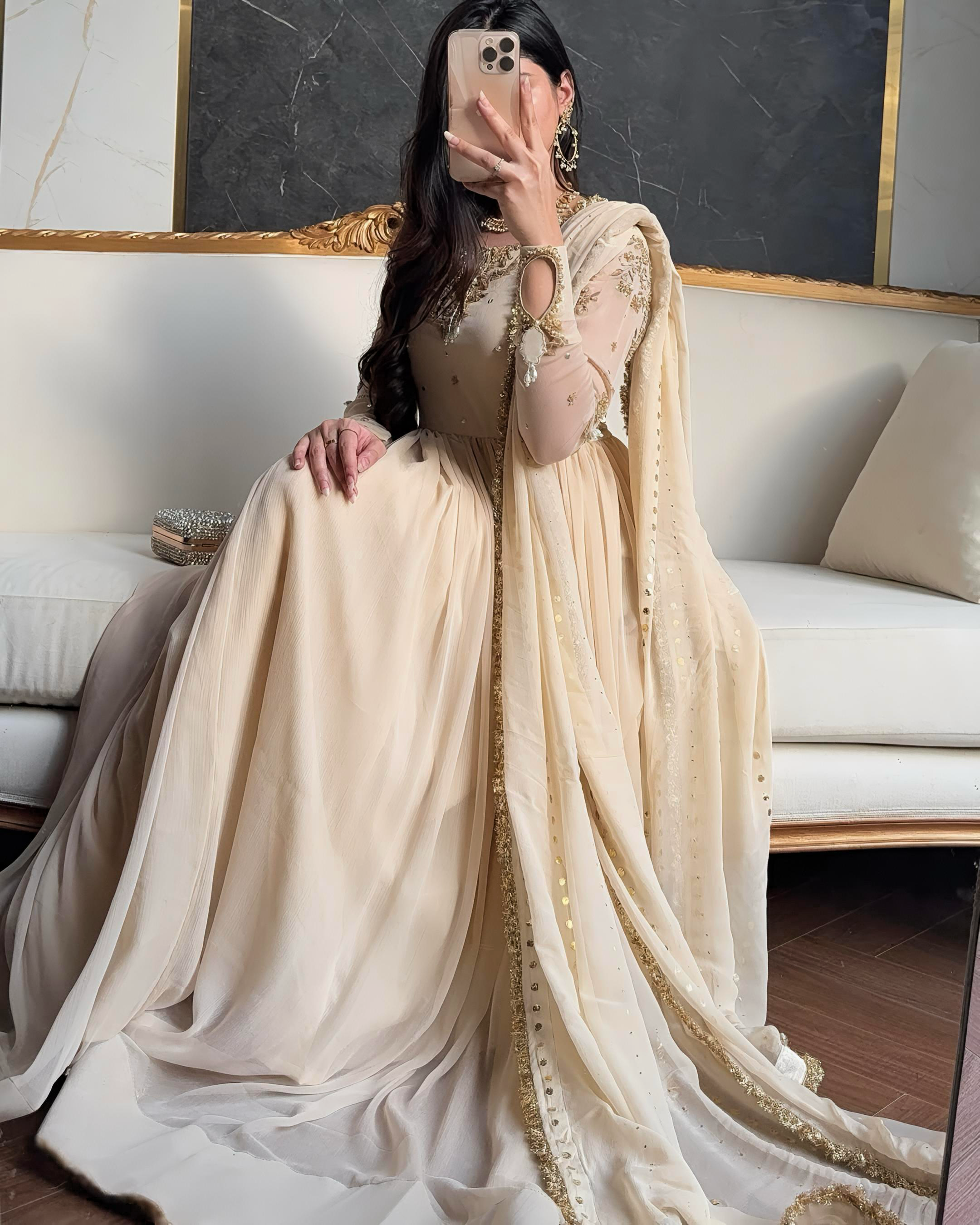 BEIGE BLOOM-Hand-Embellished Shifoon Anarkali Maxi with Dmbellished Dupta