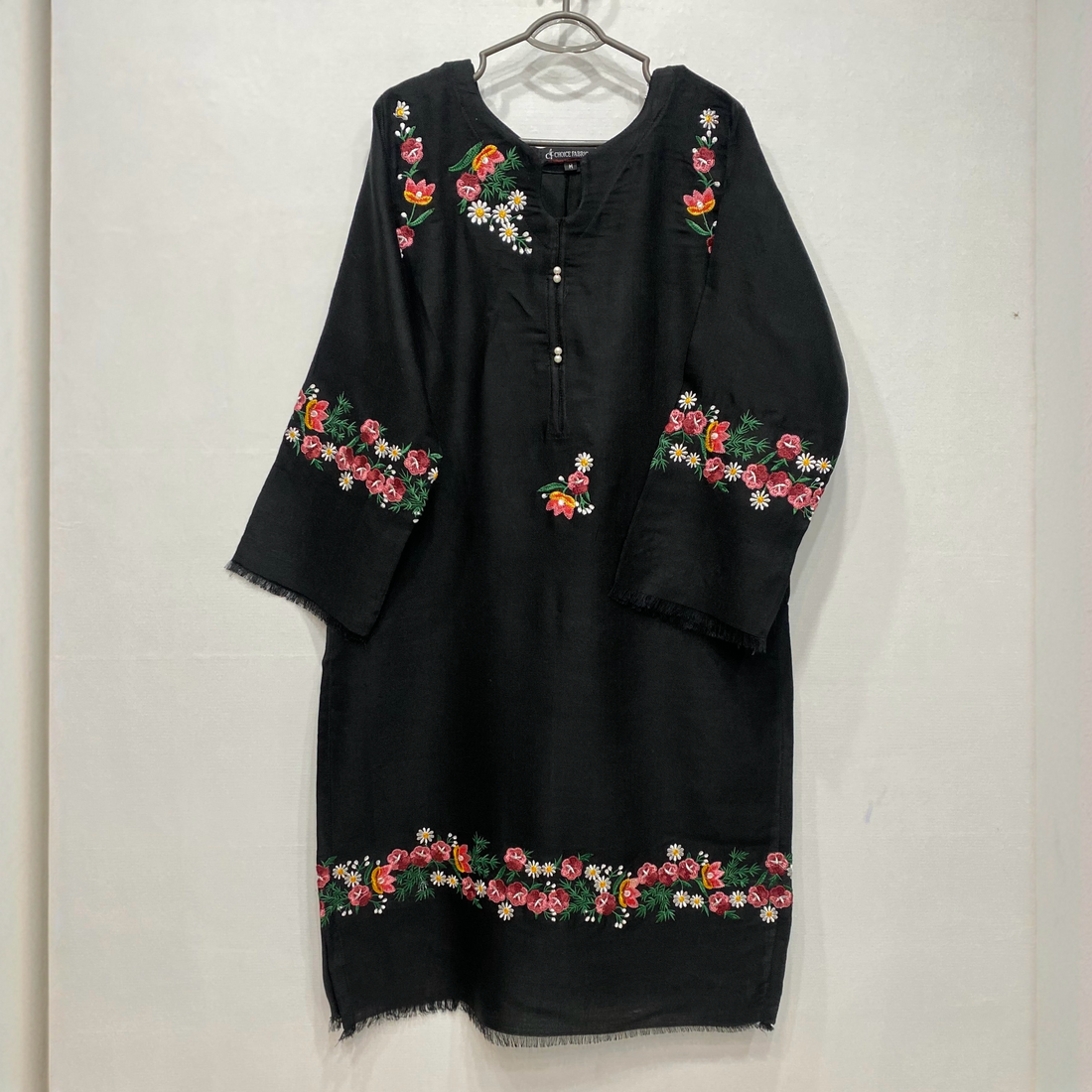 Pashmina Wool Winter Shirt with Embroidered Sleeves &  – Black | Women’s Winter Collection ChoiceFabrics