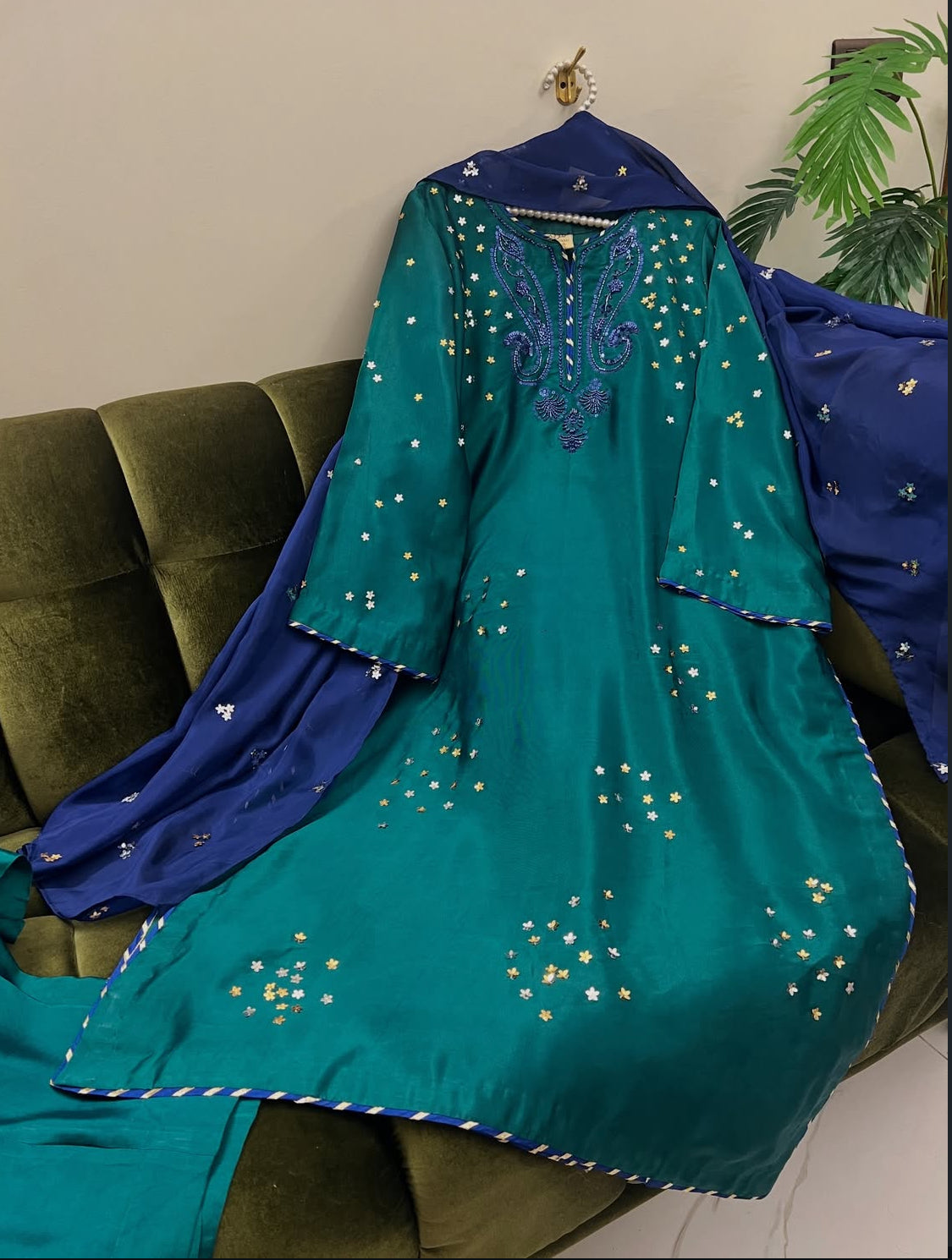 Green Petals Silk 3-Piece Ladies Suit – Hand-Embellished Shirt,  & Handmade silk Dupatta