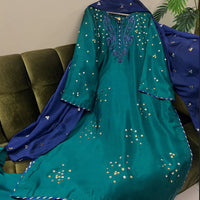 Green Petals Silk 3-Piece Ladies Suit – Hand-Embellished Shirt,  & Handmade silk Dupatta