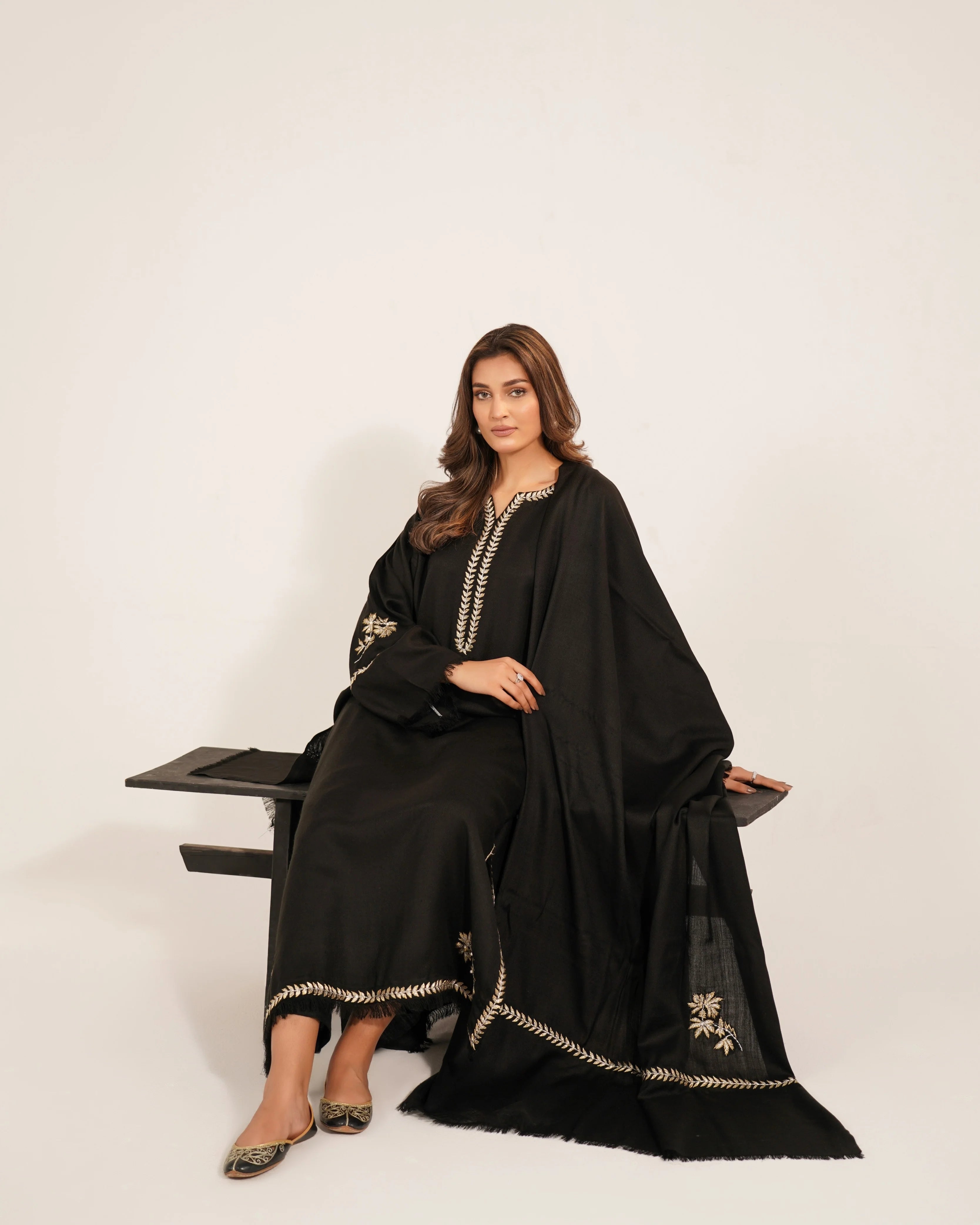 Black Embroidered Zari Kaftan with Straight Pant – Marina Fabric | Zari Neck & Sleeve Work-CFK-08 ChoiceFabrics