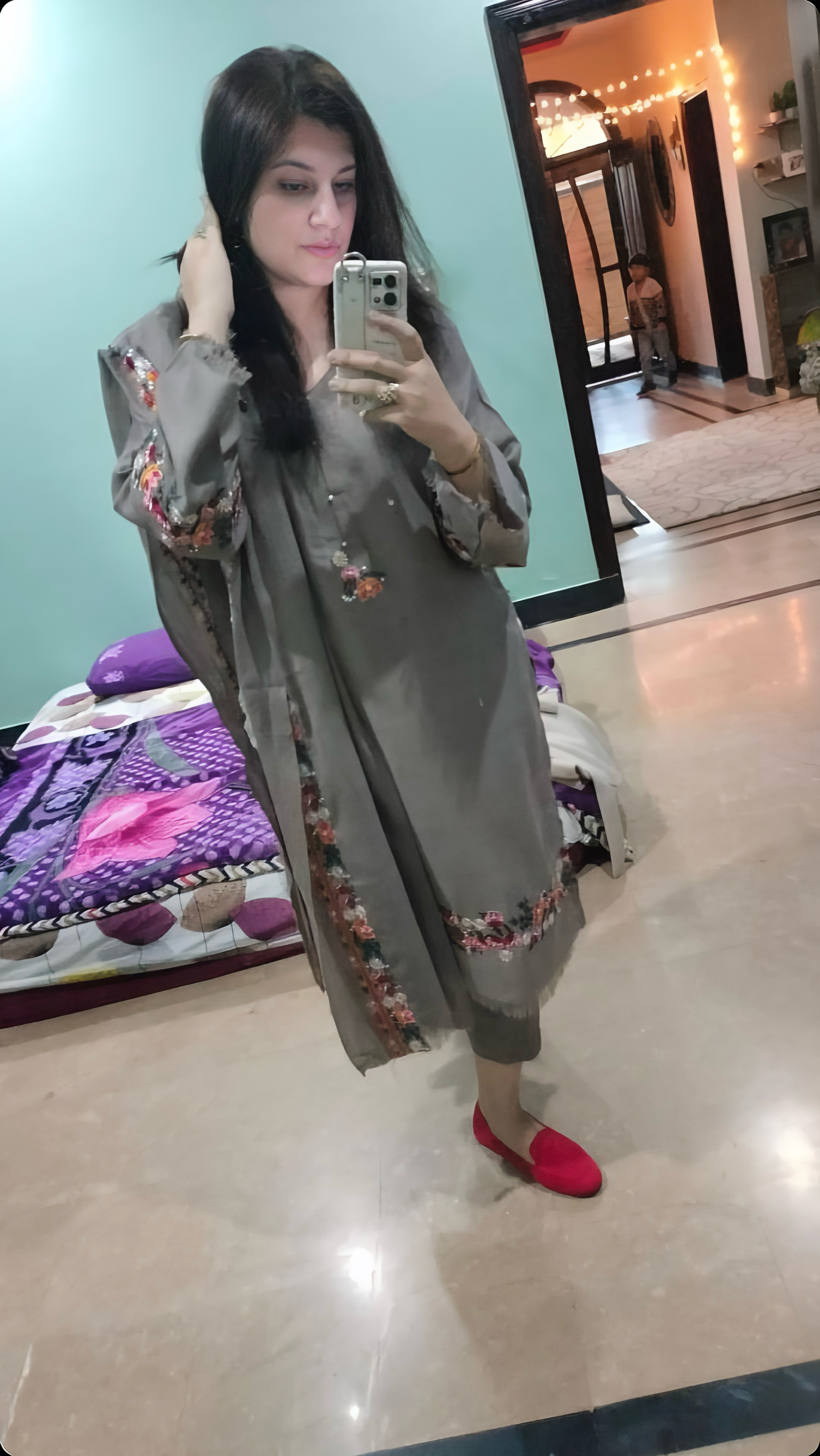 Charcoal Grey Pashmina Wool Kurta set – Embroidered Winter Outfit for Women-CF07 ChoiceFabrics