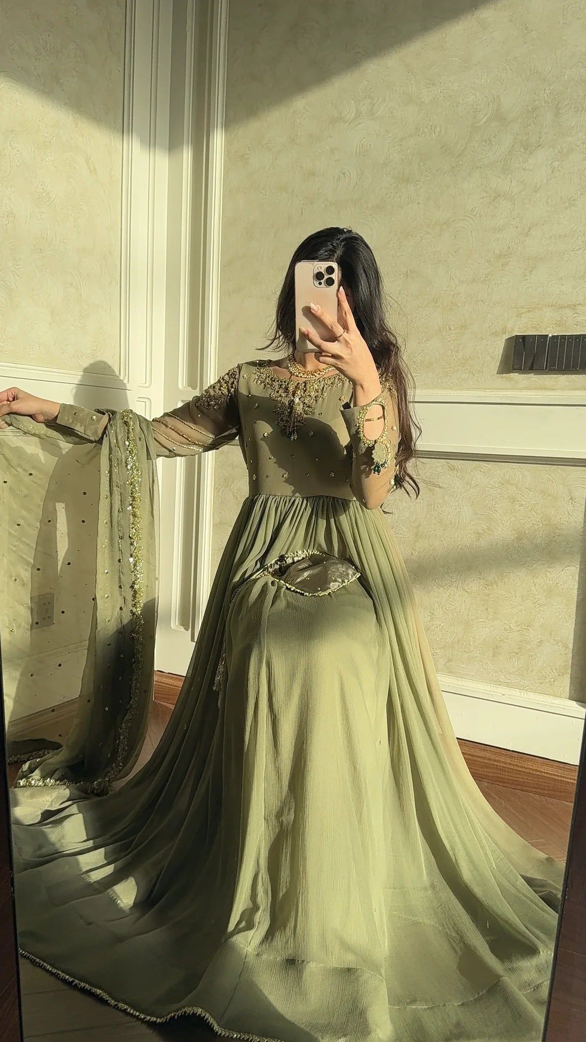 OLIVE BLOOM-Hand-Embellished Shifoon 3pc maxi with trouser