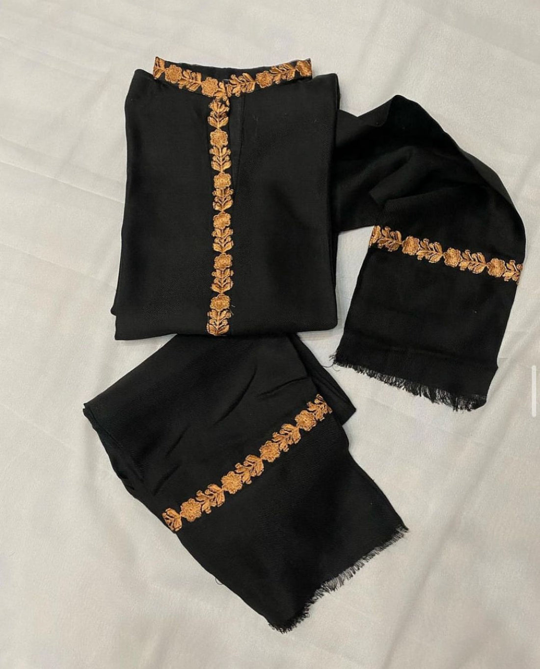 Black Pashmina Wool Kurta Cord Set with Box Trouser – Embroidered Winter Outfit ChoiceFabrics