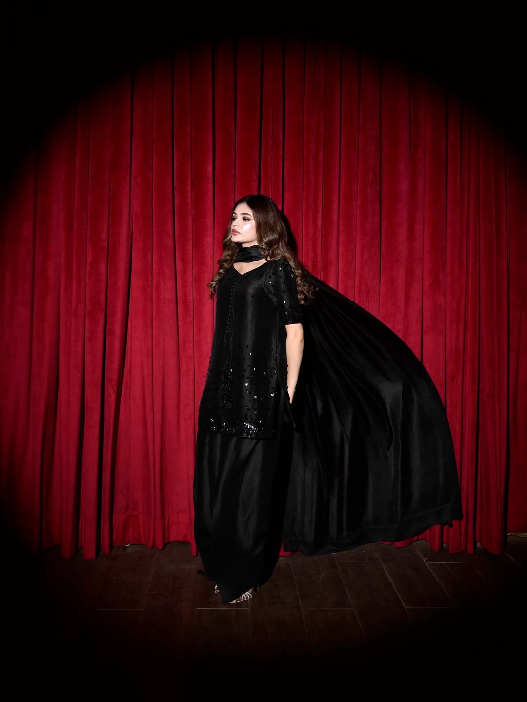 Black Crust Pure Tussle Silk 3-Piece Ladies Suit – Hand-Embellished Shirt, Farshi Shalwar & Handmade Silk Dupatta