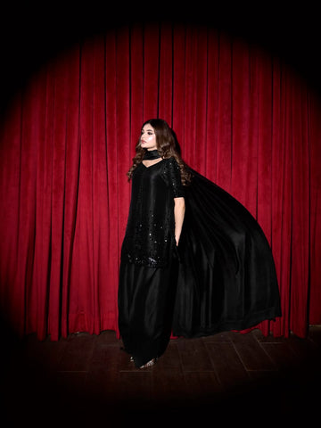 Black Crust Pure Tussle Silk 3-Piece Ladies Suit – Hand-Embellished Shirt, Farshi Shalwar & Handmade Silk Dupatta