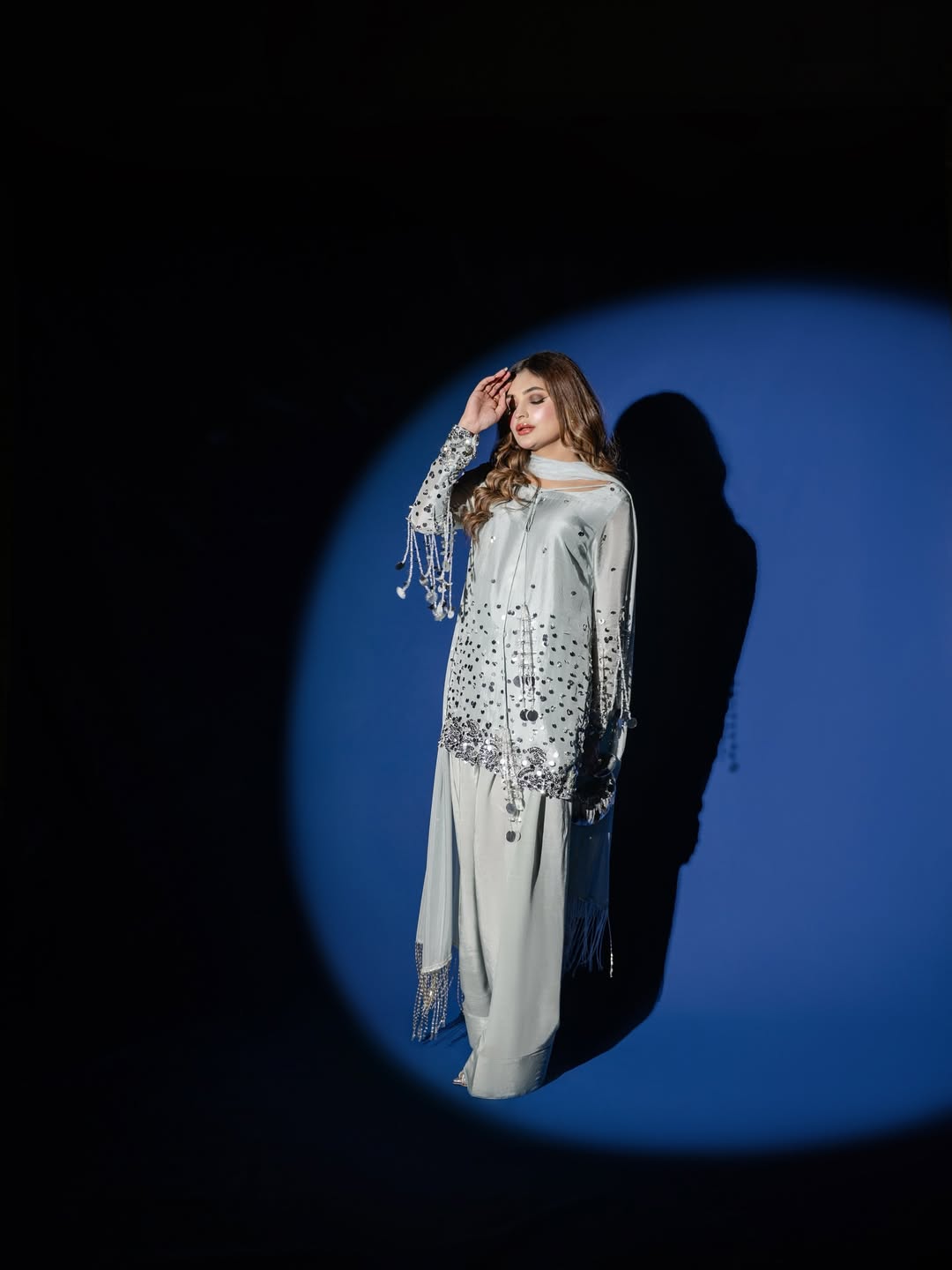 Silver Most Pure Tussle Silk 3-Piece Ladies Suit – Hand-Embellished Shirt, Farshi Shalwar & Handmade Silk Dupatta ChoiceFabrics