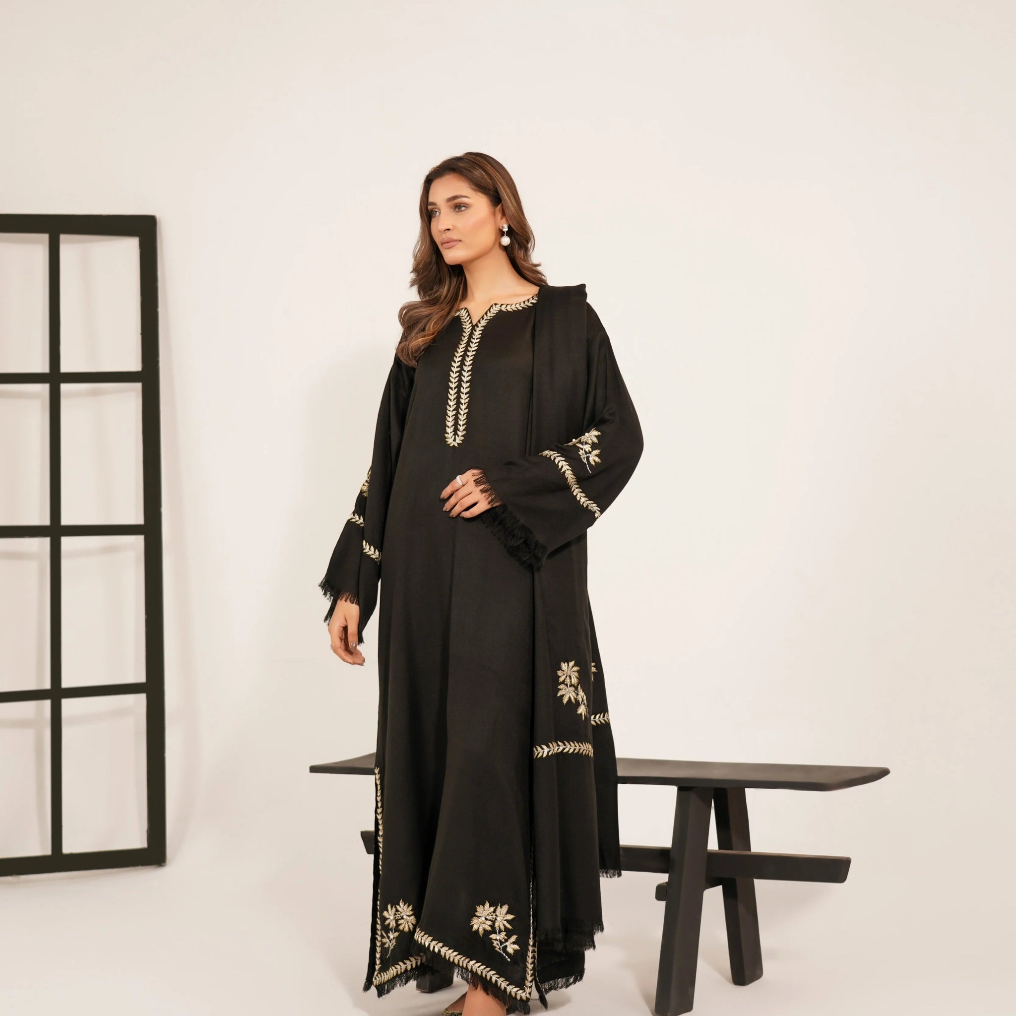 Black Embroidered Zari Kaftan with Straight Pant – Marina Fabric | Zari Neck & Sleeve Work-CFK-08 ChoiceFabrics